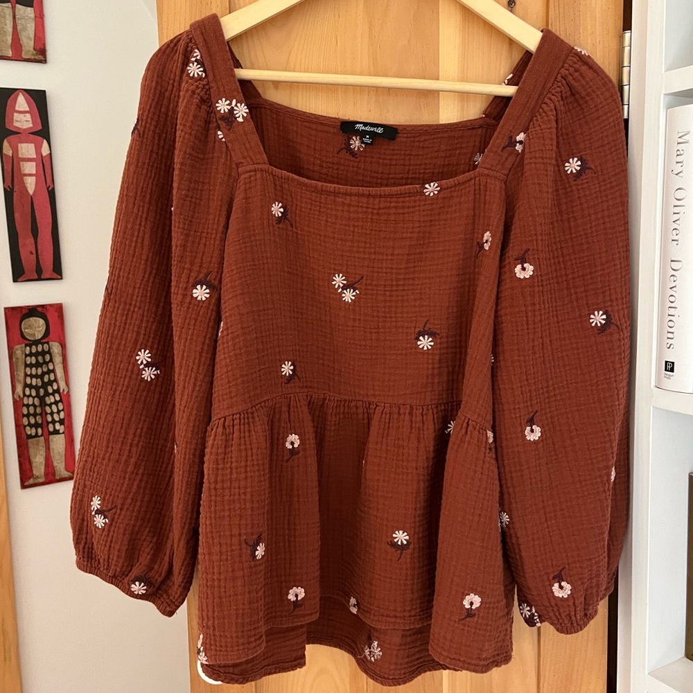 Madewell Amie Floral Embroidered Lightspun Millbrook Peplum Top Brown M Maple